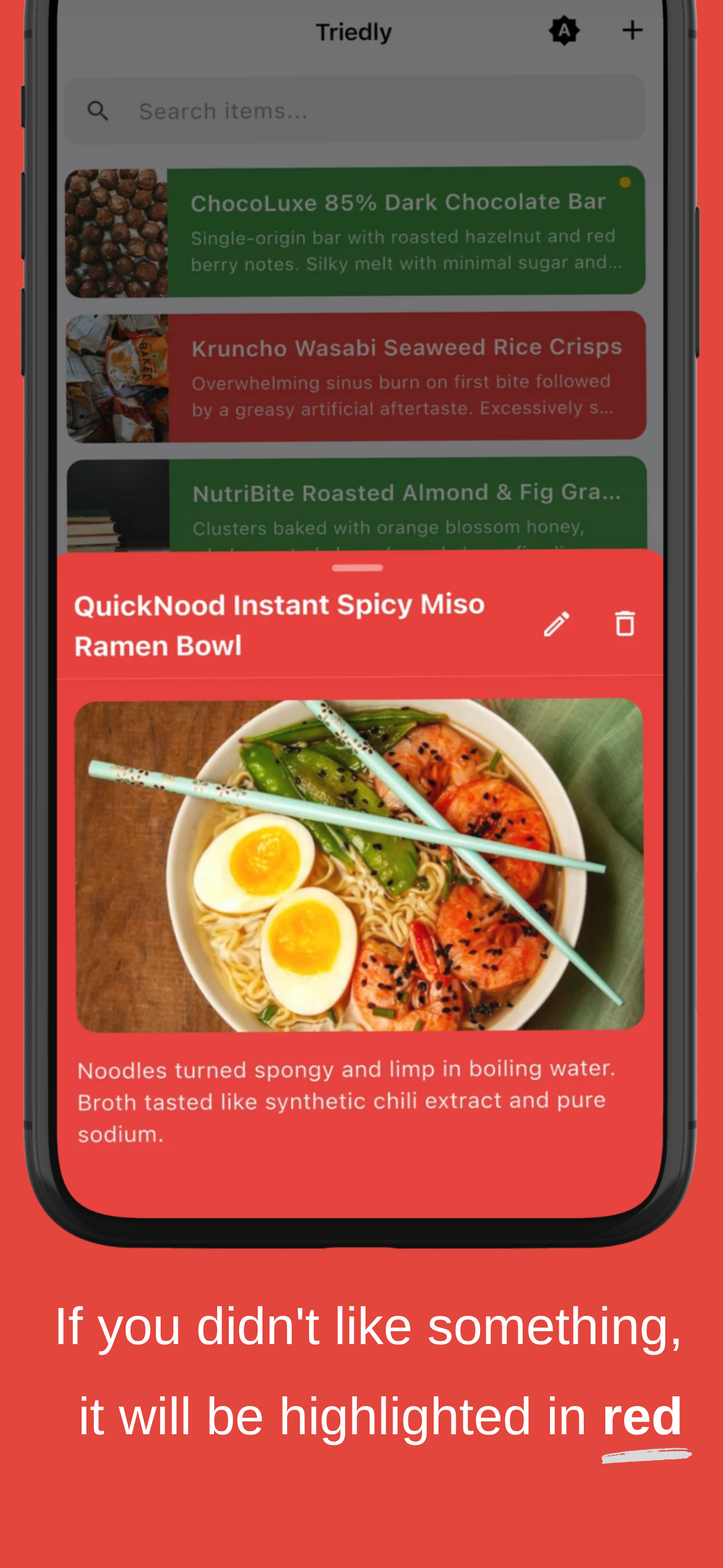 Triedly detail view for an item the user disliked, highlighted in red